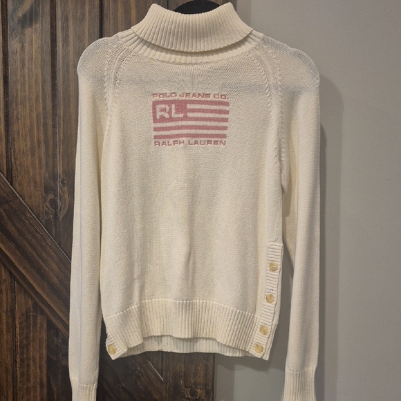 Ralph Lauren Sweaters - Ralph Lauren Women's White Turtleneck Sweater with Pink Flag Logo